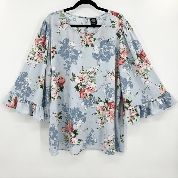 Bobeau Blue Floral Ruffle Bell Sleeve Crepe Blouse Top Plus 2X - Picture 2 of 8